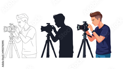 Photographer adjusting camera tripod line art, silhouette and full color illustration set