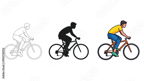 Set of three illustrations of a man riding a bicycle sketch, silhouette and full color drawing
