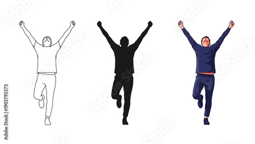 Man celebrating victory with arms raised in triumph, shown in outline, silhouette and full color illustration styles