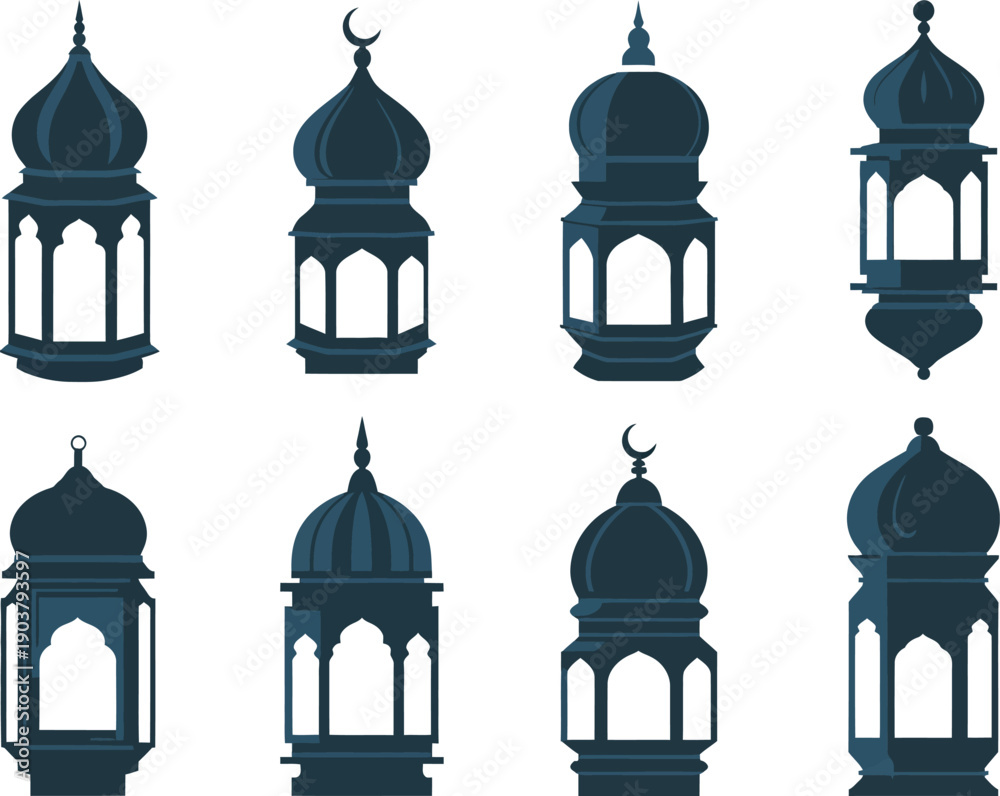 Obraz premium Traditional Arabic Lantern Icon Set: Dark Blue Silhouette Vector Collection of Islamic Fanous Lamps with Mosque Domes and Crescent Moon Details