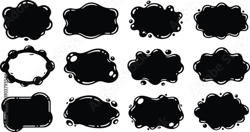 Collection of 12 unique black ink splatter shapes on white background