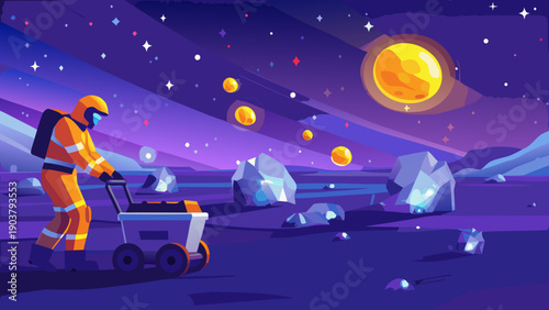 Astronaut exploring a rocky alien landscape under a starry night sky