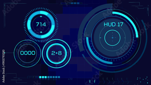 Futuristic heads up display with digital readouts and circular elements