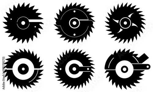 Collection of industrial saw blades with various designs and mechanisms displayed