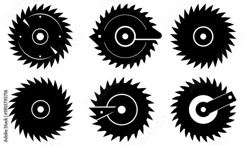 Collection of industrial saw blades with sharp teeth and metal handles, illustrations showcasing machinery parts