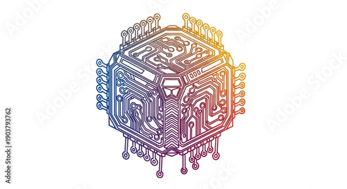 Vibrant Isometric Circuit Board Cube Representing Advanced Computing Technology and Digital