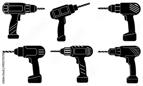 Collection of various cordless power drills displayed in two rows against a plain background