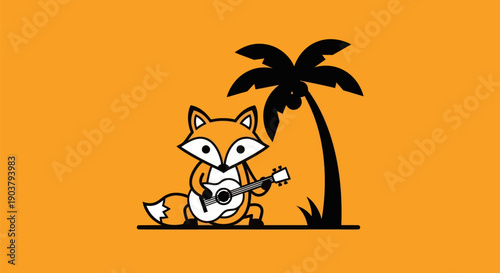 Fox playing guitar under palm tree