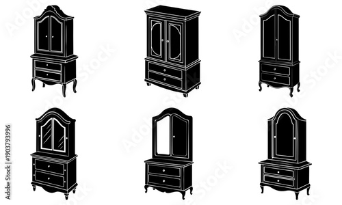 Collection of six antique wardrobes with mirrors, displayed in a grid on a white background from a frontal viewpoint
