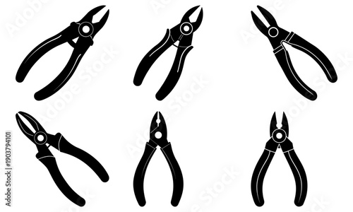 Collection of various pliers displayed against a clean white background from a straightforward viewpoint