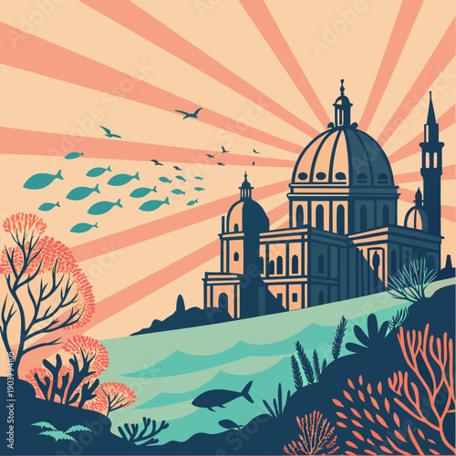 Radiant Underwater Renaissance Sunrise Featuring Smooth Vector Gradients, Evoking Serenity and the Promise of a Fresh Start.