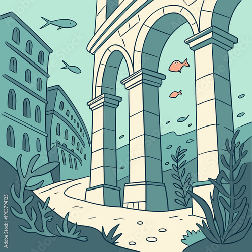 Charming Underwater Renaissance Street Lined with Majestic Coral Arches, Offering a Glimpse into a Subaquatic City.