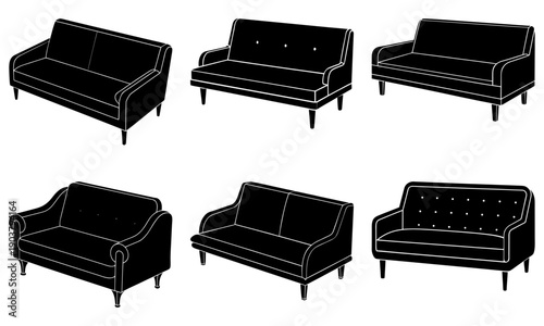 Various sofa designs illustrated from different viewpoints showcasing diverse styles and features in a minimalist setting