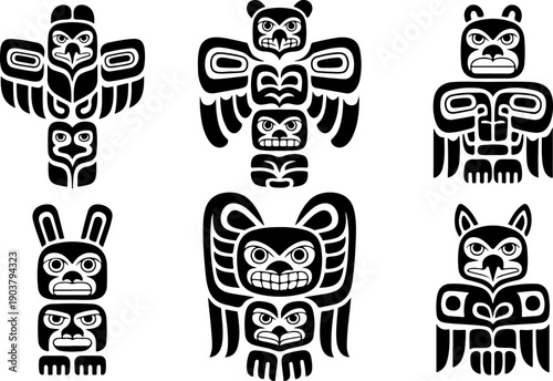 Tribal Wolf & Owl Totem Silhouette Set