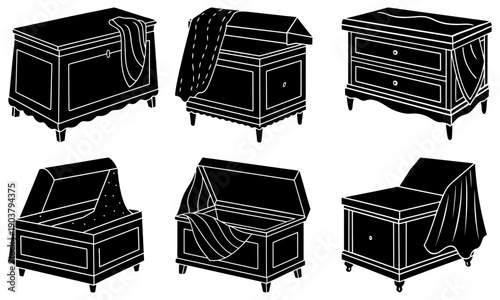 Furniture draped with fabric in various styles on a plain white background viewed from the front