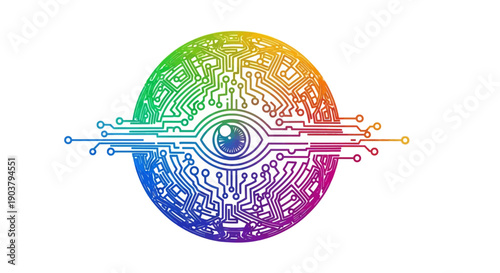 Vibrant circuit eye logo symbolizing digital intelligence, data, and cybernetic vision on a clear