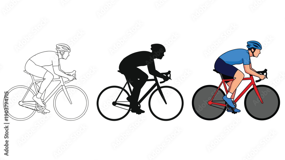 Obraz premium Evolution of cyclist illustration sketch, silhouette and full color vector graphic showing road biking posture and equipment