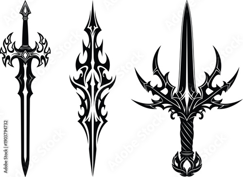 Collection of three fantasy swords with intricate designs and ornate handles