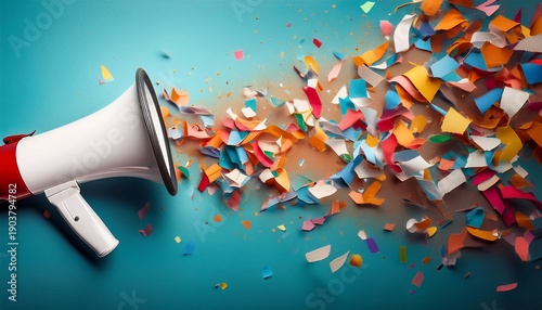 a megaphone with colorful confetti around share good news concept