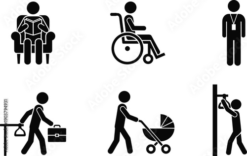 Black Vector Pictogram Icons Representing Accessibility Disability Public Transport Inclusion Passenger Assistance and Daily Life Activities Isolated on White Background,