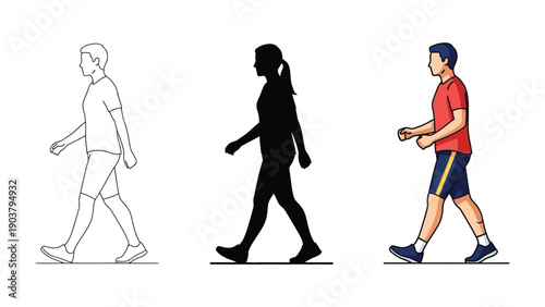 Woman walking exercise sequence outline, silhouette and full color illustration