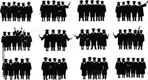 Black, Silhouette, Of, Graduation, Students, Group, Wearing, Gowns, And, Caps, Celebrating, Success, Education, Achievement, Degree, University, College, Diploma, Ceremony, Vector