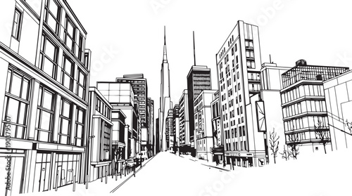 City landscape. Different buildings on street, outline cityscape hand sketch, flat houses. Hand drawn vector illustration