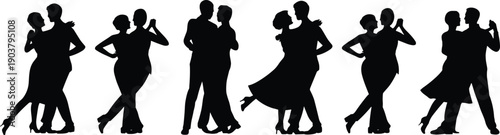 Collection of black silhouettes of couples engaged in dynamic ballroom dancing poses against a white backdrop highlighting movement and style
