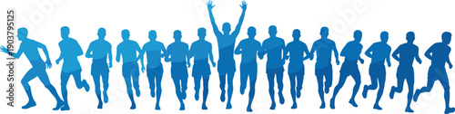 Blue Silhouette of Large Group of Marathon Runners Competing in Race with Winner Raising Arms for Fitness Success and Athletics