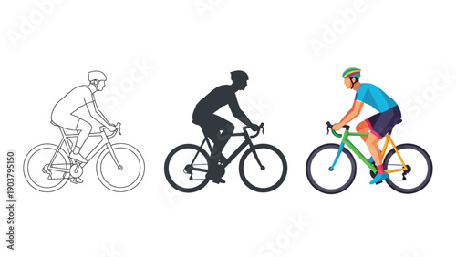 Set of three bicycle rider illustrations outline drawing, silhouette and full color graphic