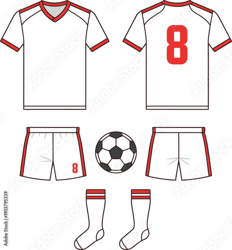 White and Red Football Kit, Soccer Uniform Kit with Ball Front and Back View Flat Vector Illustration