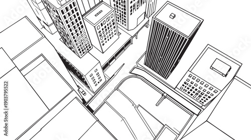 City landscape. Different buildings on street, outline cityscape hand sketch, flat houses. Hand drawn vector illustration