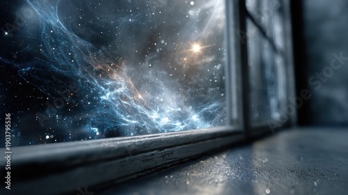 Deep space nebula and countless stars visible through an interior window frame