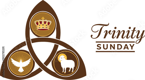 Trinity Sunday religious illustration with Triquetra knot symbol crown dove and lamb icons for Holy Trinity celebration