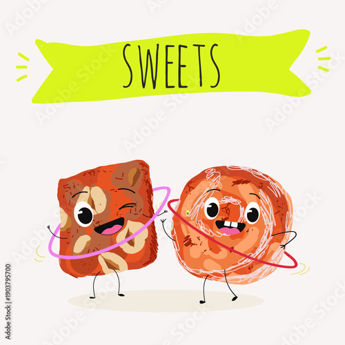 Funny Characters cezerye, carrot dessert, Turkish traditional food. Hand drawn vector illustration.