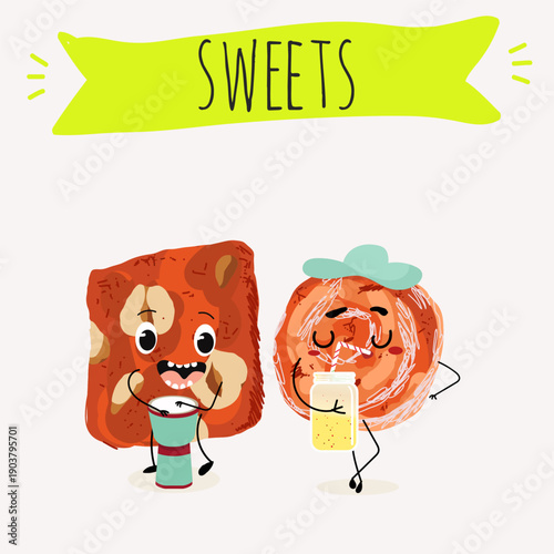 Funny Characters cezerye, carrot dessert, Turkish traditional food. Hand drawn vector illustration.