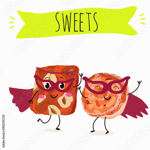 Funny Characters cezerye, carrot dessert, Turkish traditional food. Hand drawn vector illustration.