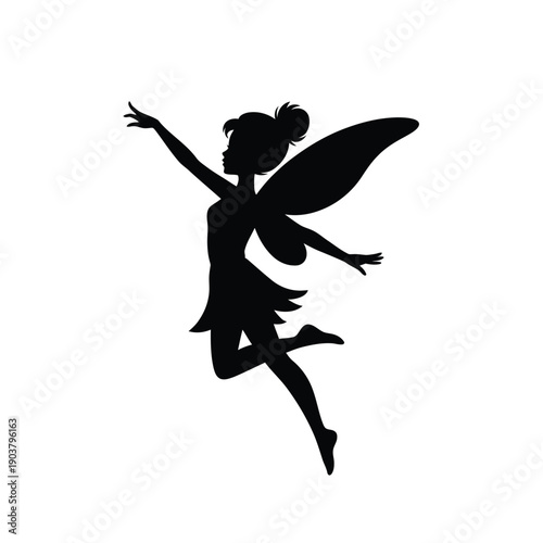 Silhouette of a fairy in flight arms outstretched and wings spread