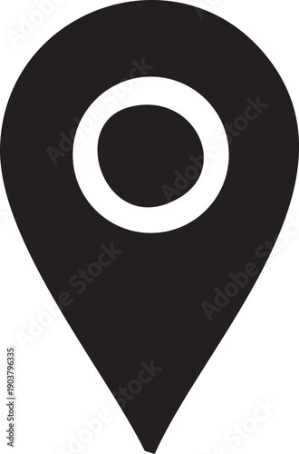 A black map pin silhouette with a white circle on a white background