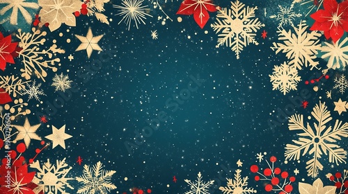 Dark Blue Christmas Background with Snowflakes, Poinsettias, and Berries