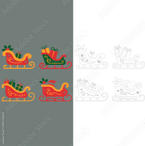 Christmas Santa Claus sleigh set with colorful festive designs, winter holiday sled collection with black and white line art outline version, vector.