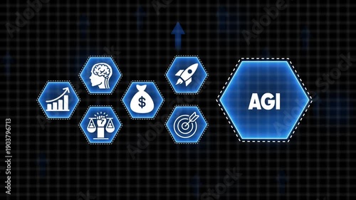 Digital concept of AGI with icons for growth, intelligence, finance, justice, target, and rocket launch