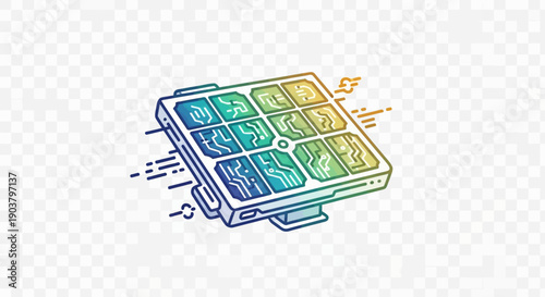 Vibrant solar panel icon with circuit patterns symbolizing green energy and advanced technology