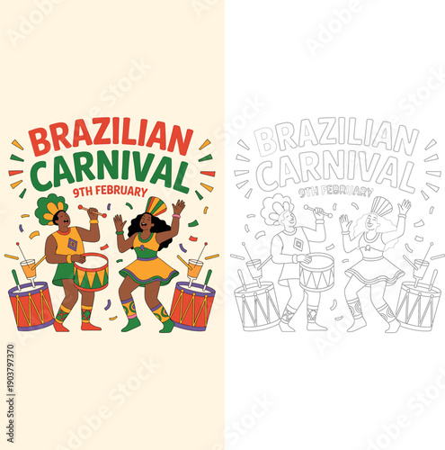 Brazilian Carnival celebration set with people dancing, colorful festive characters on vibrant background and black and white line art coloring page version, vector illustration.
