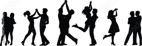 Diverse couples in silhouette dancing passionately in various dynamic poses and embraces
