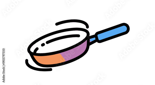 Vibrant cartoon frying pan illustration with blue handle cooking kitchen utensil