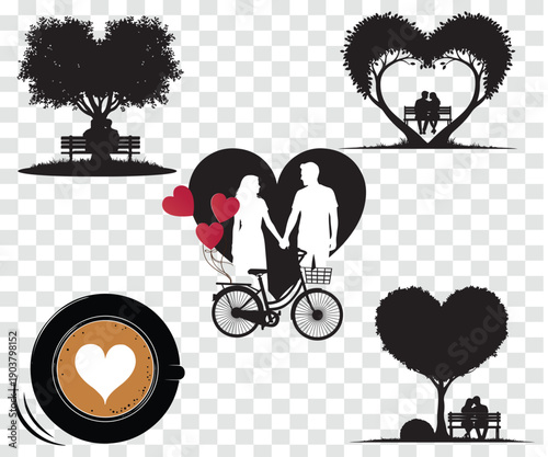  Romantic silhouettes featuring couples on benches under heart-shaped trees and a bicycle