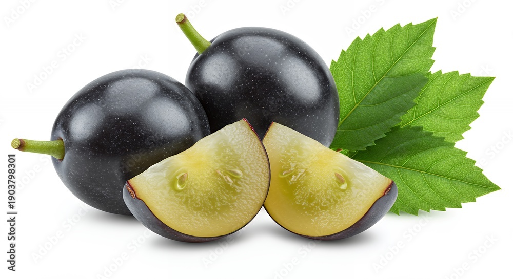 Obraz premium Two Whole Dark Grapes and Sliced Halves with Green Leaves Isolated on White Background for Fruit Juice Packaging and Healthy Food Concepts