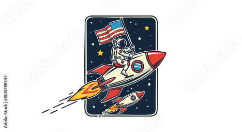 Cartoon astronaut proudly holds a national flag while riding a large space vehicle through the cosmos