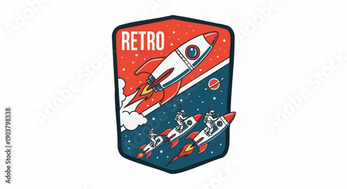 Stylized emblem depicts rockets soaring through a cosmic scene with tiny figures riding smaller spacecraft